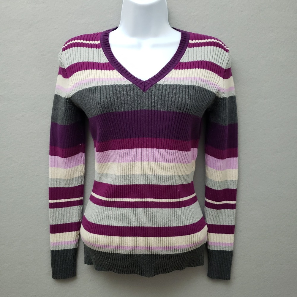 St. Johns Bay Womens M V-Neck Sweater Purple Gray Striped Ribbed Cotton 90s Y2K